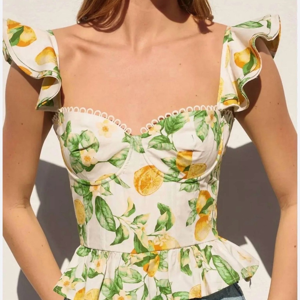 VICI Floral Ruffle Sleeve Top - Cream and Green